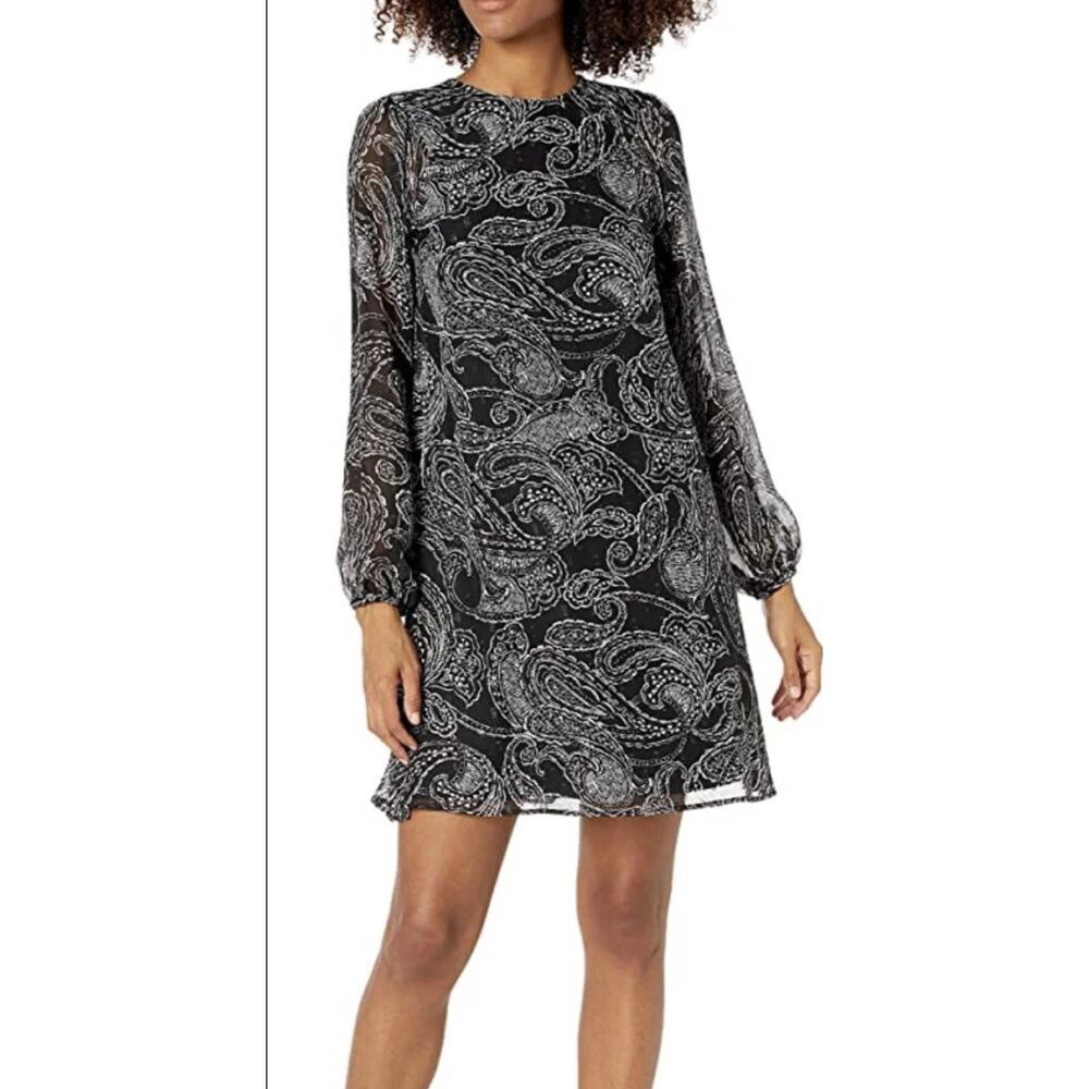 Calvin Klein Paisley Print Long Sleeve A Line Dress Size 6 Black Gray - Picture 4 of 8